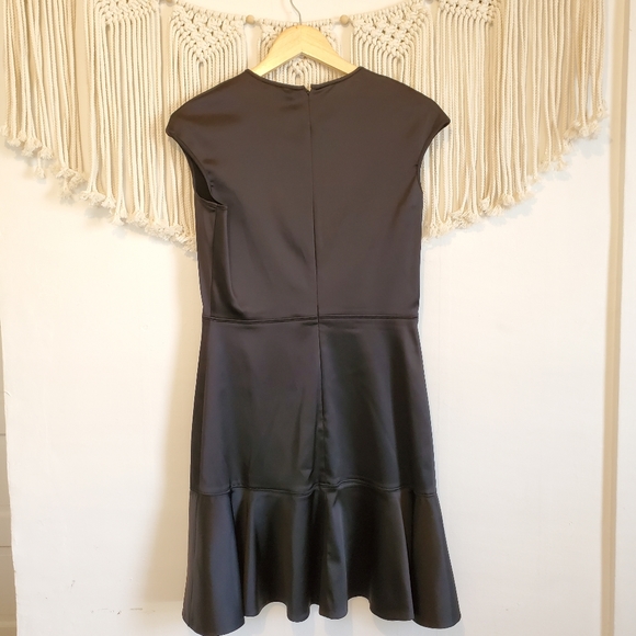 THEORY Black Essential Flare A Line Satin Flouncy Mini Ruffle Dress sz 10 - Picture 7 of 9